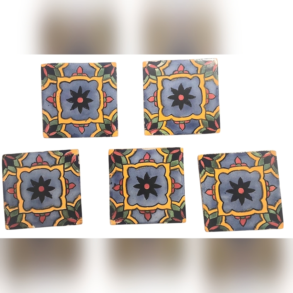 Traditional Mexican Talavera Tiles - Cuerda Verde, 4"×4", 5 Pieces